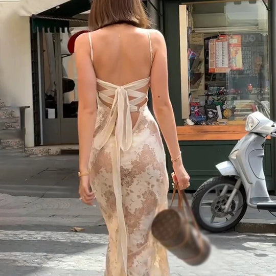 Elegant Maxi Dress with Lace Pattern and Bow on the Back