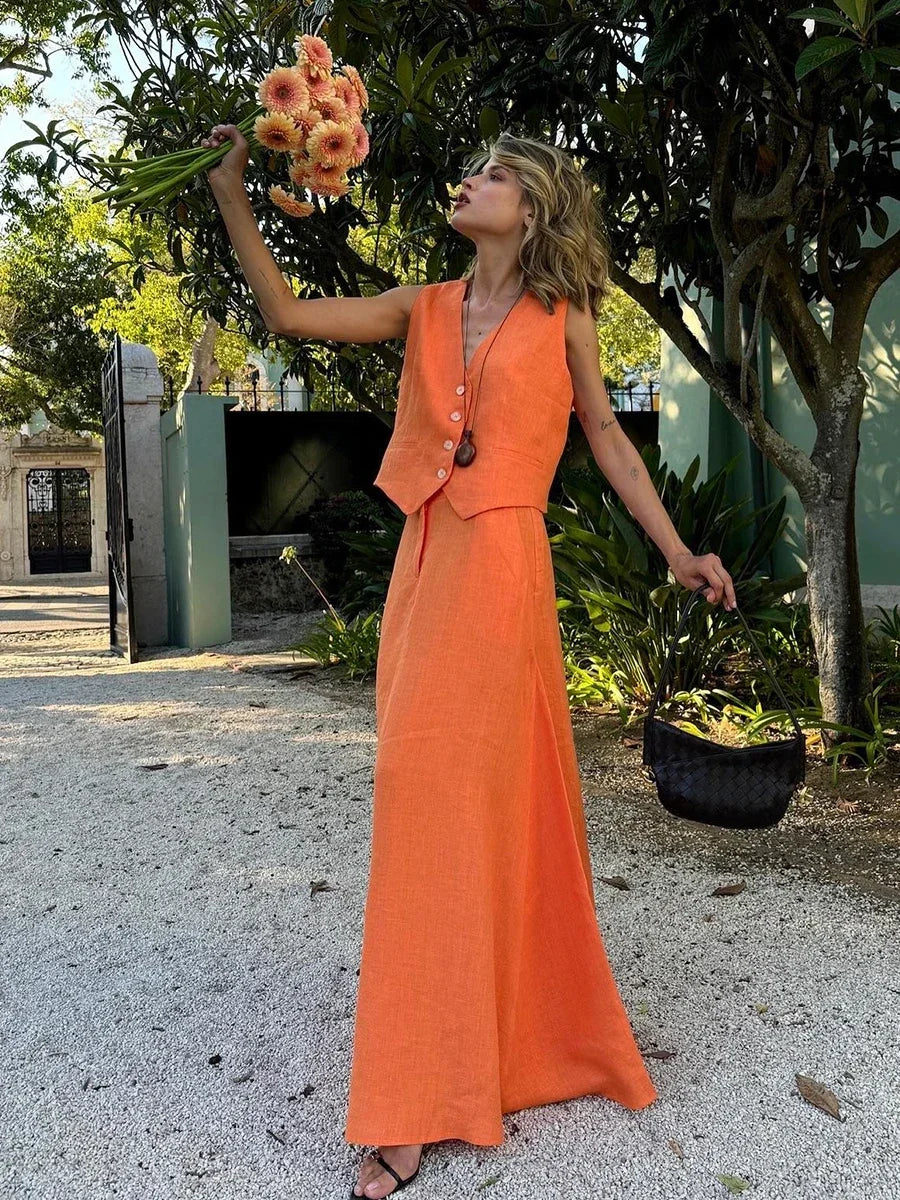 Dames | Linnen Set | Mouwloze Blazer | Lange Rok | Elegant | Chic | Sophisticated