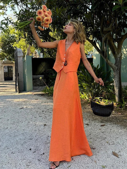 Dames | Linnen Set | Mouwloze Blazer | Lange Rok | Elegant | Chic | Sophisticated