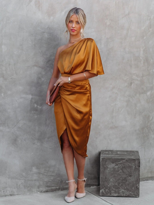 Satin midi dress with elegant slit and loose sleeves