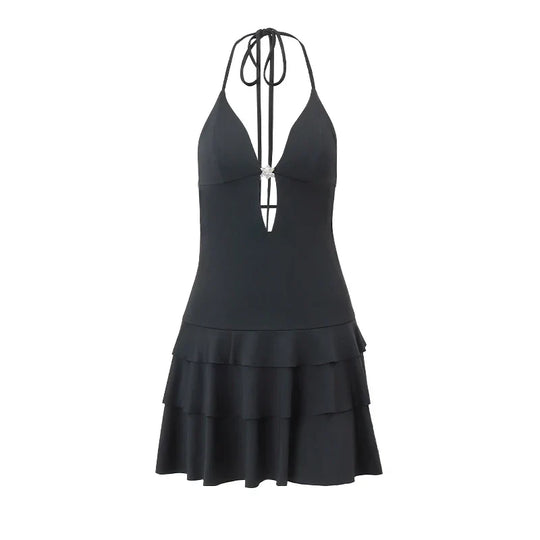 Mini dress with a deep neckline and ruffles