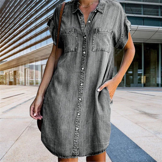 Women's Short Sleeve Denim Dress with Pockets