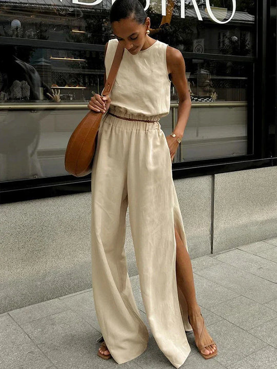 Women | Linen Set | Sleeveless Crop Top | Long Pants | Stylish | Chic | Trendy