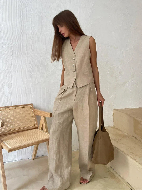 Women | Linen Set | Sleeveless Vest | Long Pants | Elegant | Chic | Comfortable