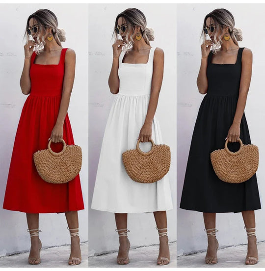 Summer Midi Dress with Square Neck