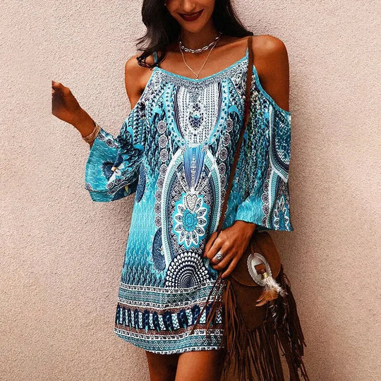 Summer Dress with Bare Shoulders and Ethnic Pattern