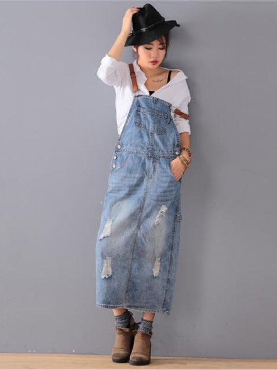 Jeans Tuinbroek Jurk met Slijtage