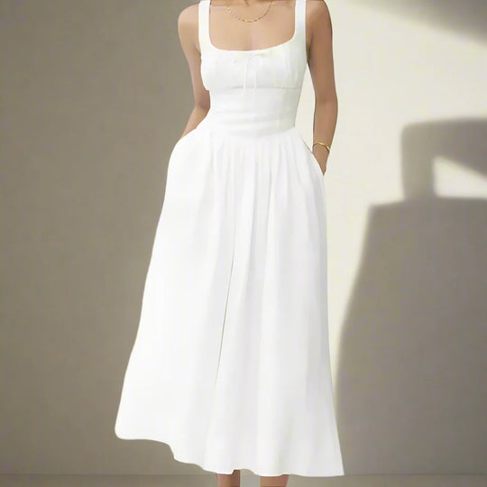 Women's linen midi dress with spaghetti straps