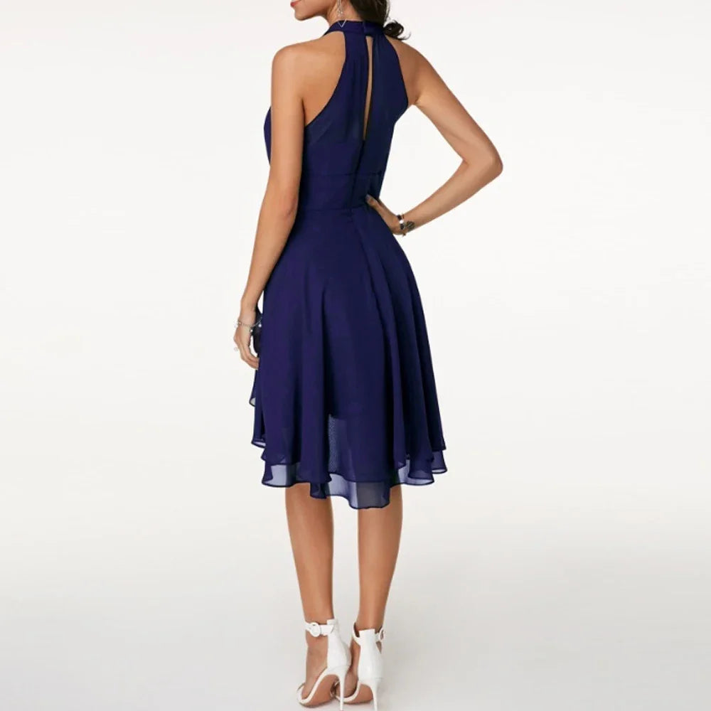 Women's Cocktail Dress | Halter Neck | Asymmetrical Hem with Ruffles