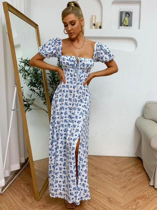 Floral midi dress with puff sleeves