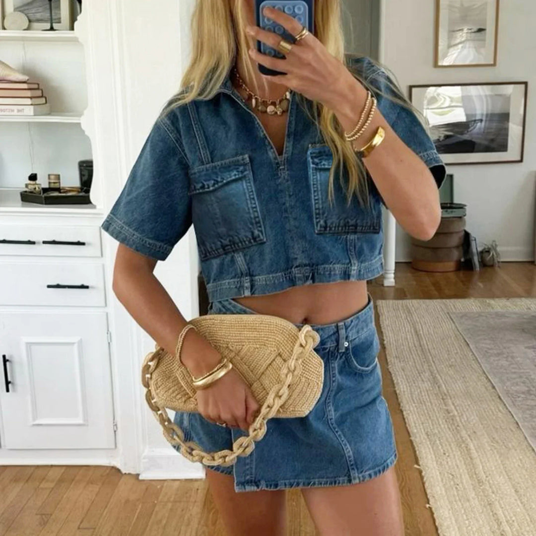 Women's Denim Set Short Skirt Short Sleeve Jacket Stylish Chic Casual