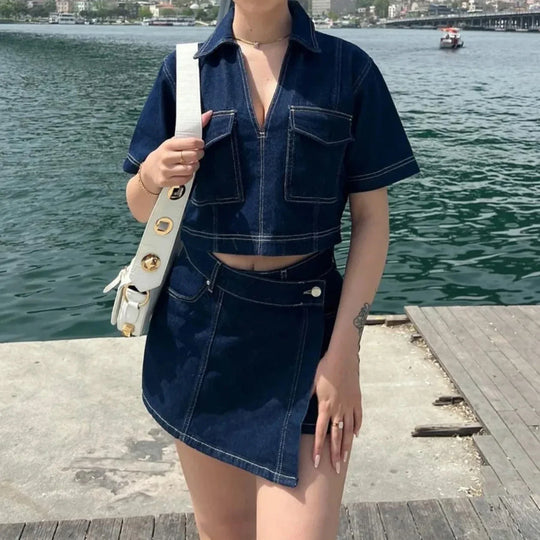 Women's Denim Set Short Skirt Short Sleeve Jacket Stylish Chic Casual
