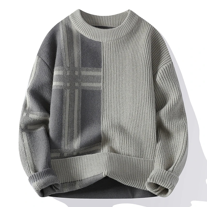 Men's Modern Patchwork Crew Neck Sweater with Minimalist Design
