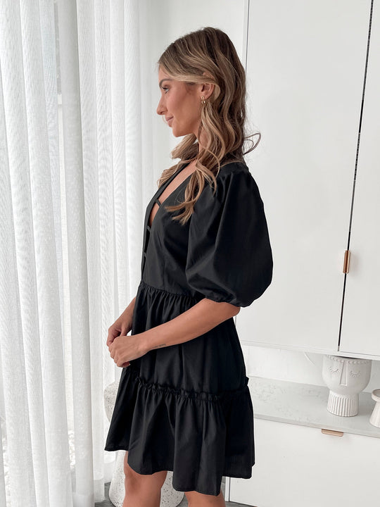 Dames | Zayenna Jurk | Zwart | V-Hals | Korte Ballonmouwen | Mini Lengte