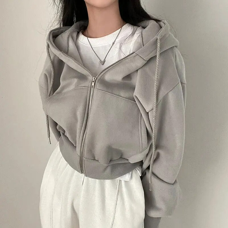 Dames Oversized Cropped Zip-Up Hoodie met Zakken