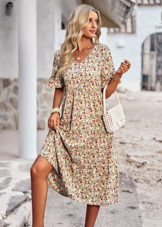 Elegant ladies midi dress with floral pattern
