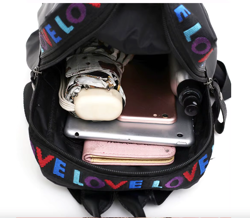 Small women's backpack with decorative LOVE strap