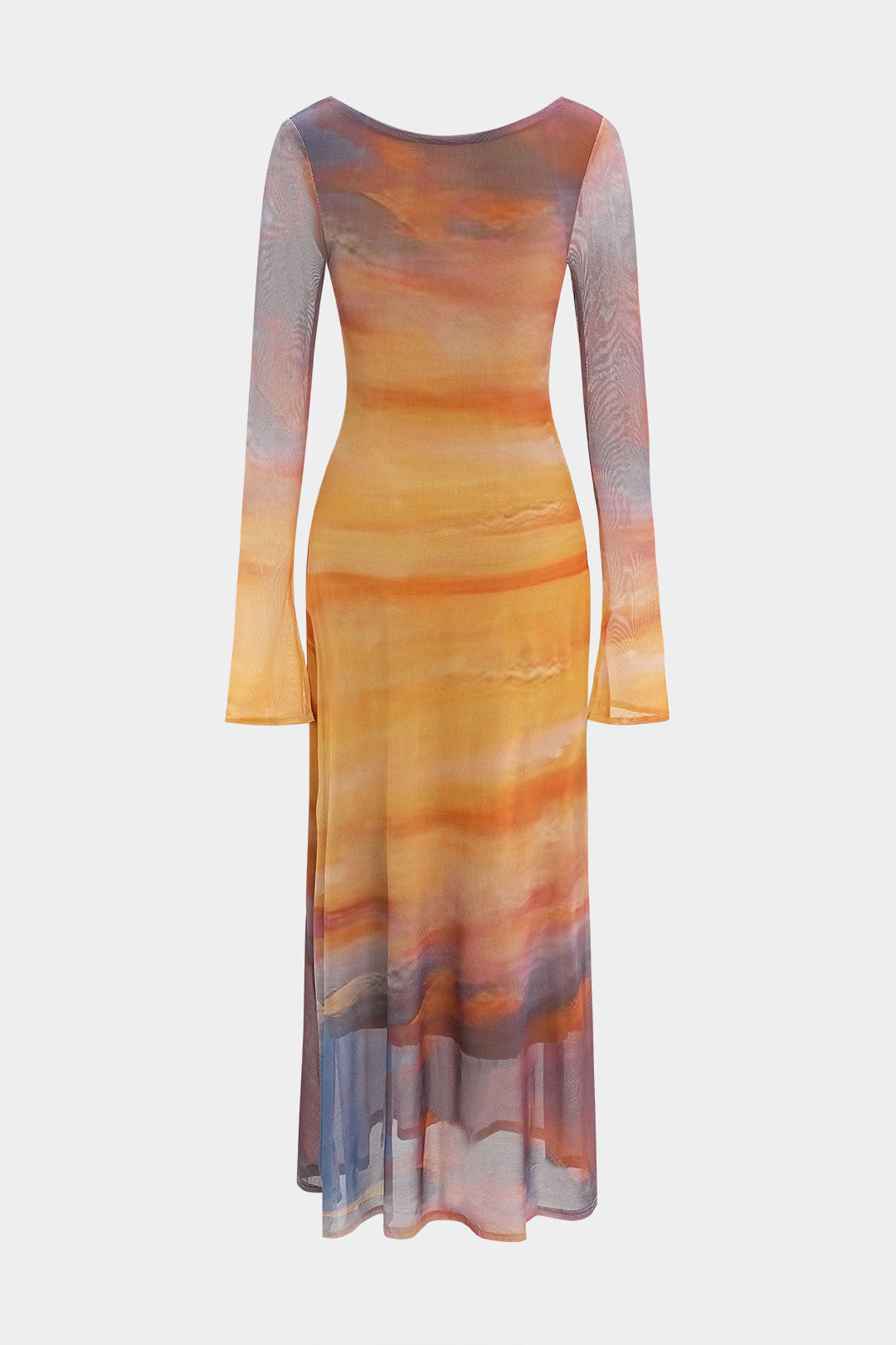 Tie Dye Print Mesh Rimpel Lange Mouw Maxi Jurk