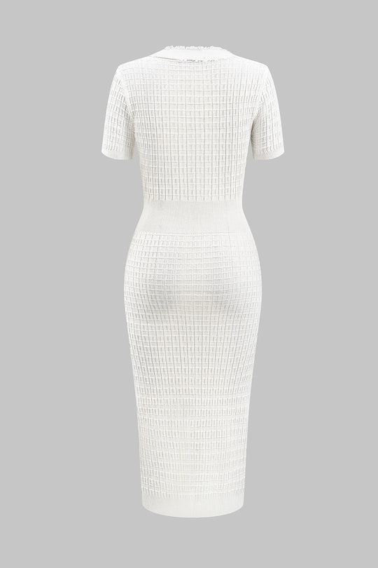 Gebreide V-hals Knop Korte Mouw Jurk