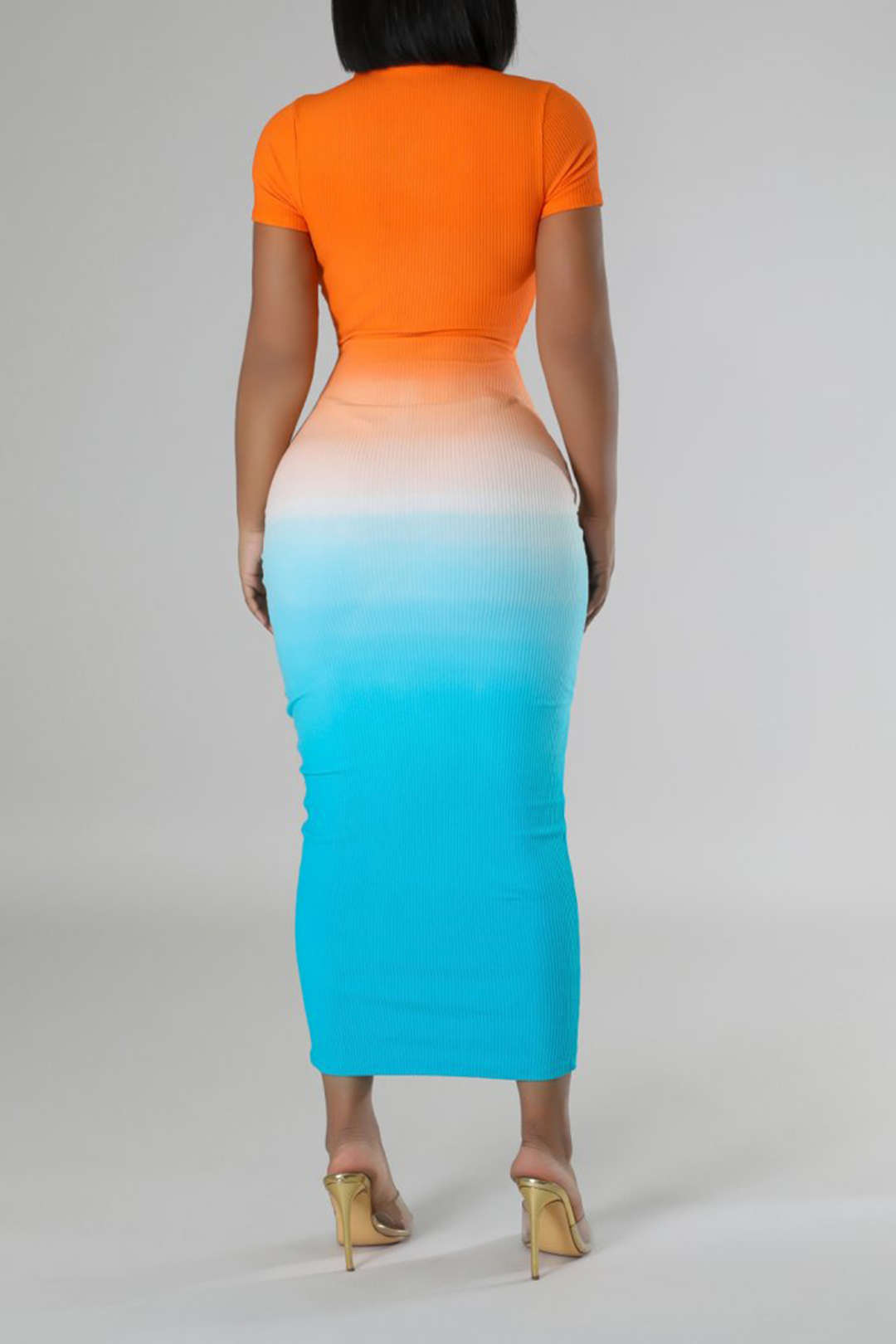 Ombre Print Ronde Hals Cut Out Korte Mouw Midi Jurk