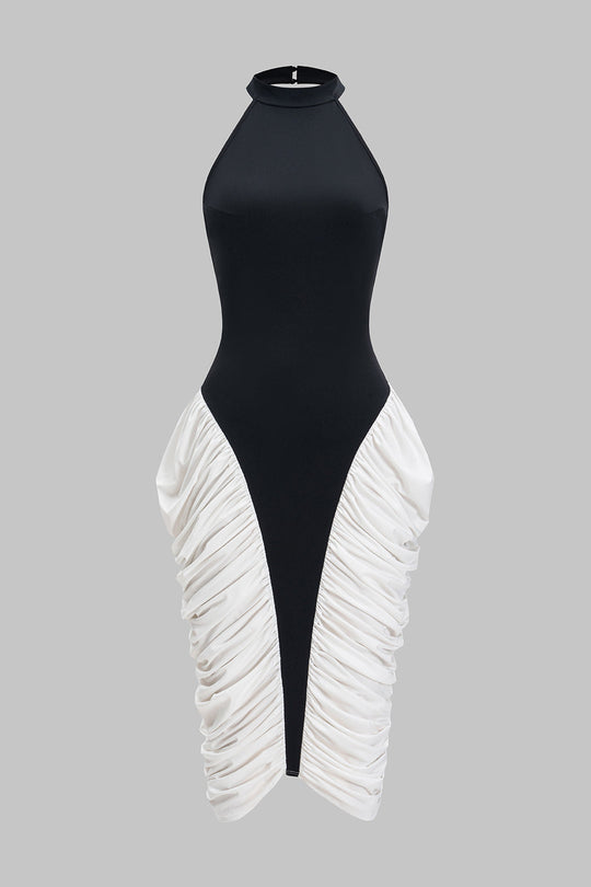 Backless Halter Neck Ruffle Sleeveless Midi Dress 