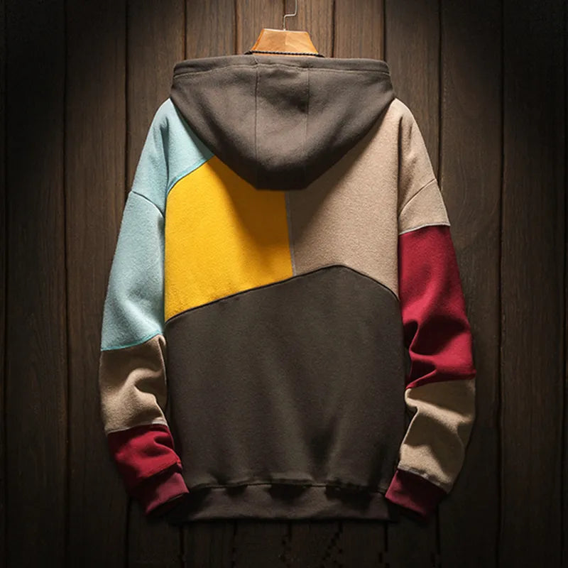 Men's Geometric Colorblock Hoodie with Kangaroo Pocket Design