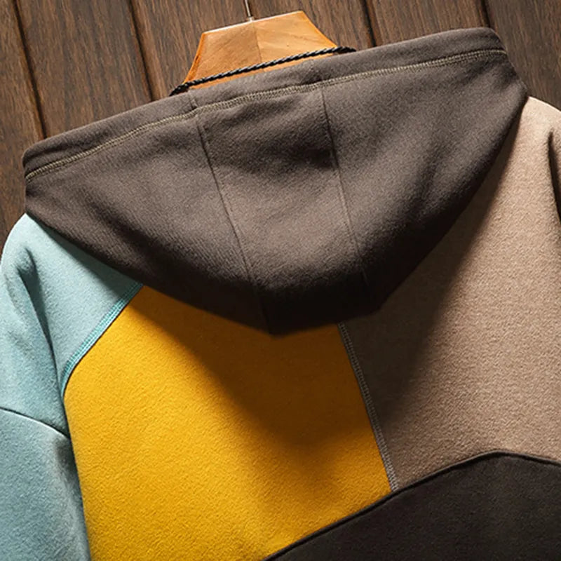 Men's Geometric Colorblock Hoodie with Kangaroo Pocket Design