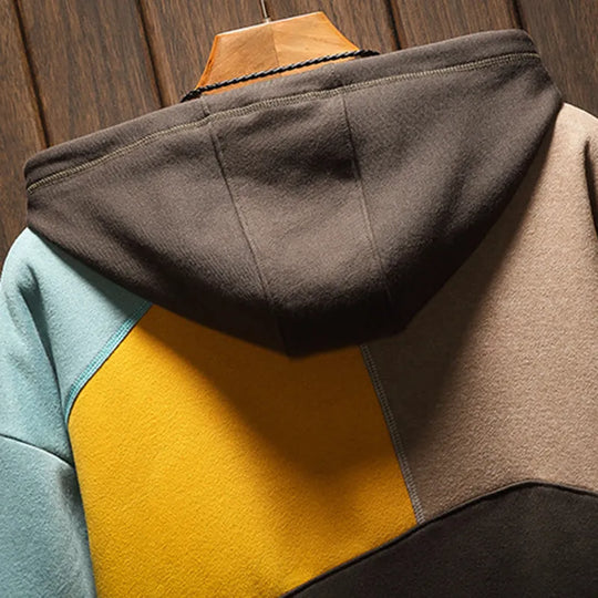 Men's Geometric Colorblock Hoodie with Kangaroo Pocket Design
