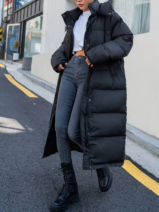 Women's Long Black Puffer Jacket | Hooded with a Fully Quilted Design | Full Coverage Winter Coat