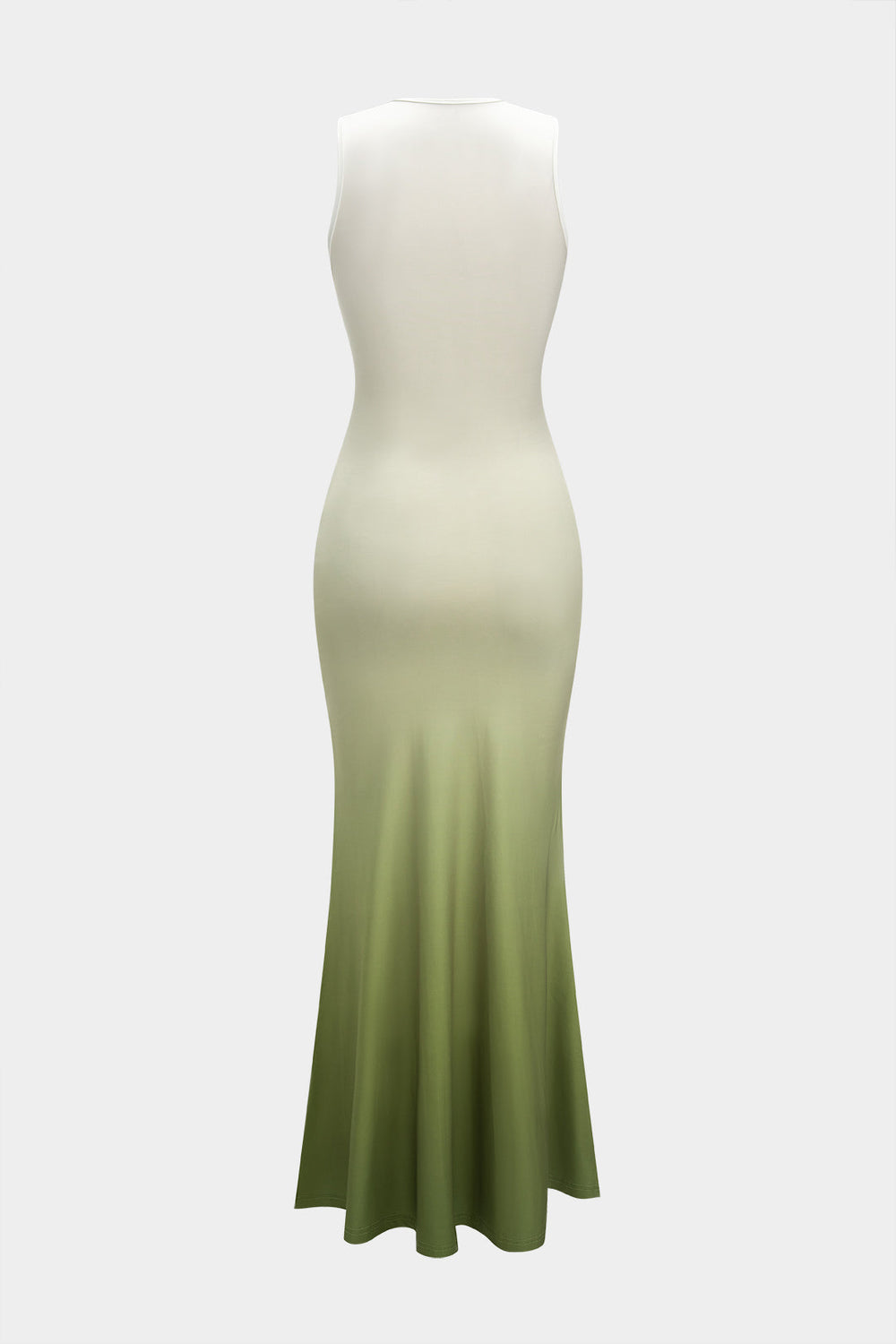 Satin Ombre Print V-Neck Ruffle Sleeveless Maxi Dress 