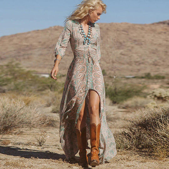 Women's Maxi Dress | Bohemian Paisley Print | Voluminous Sleeves &amp; High Slit
