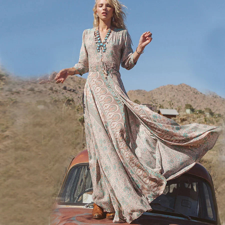 Women's Maxi Dress | Bohemian Paisley Print | Voluminous Sleeves &amp; High Slit