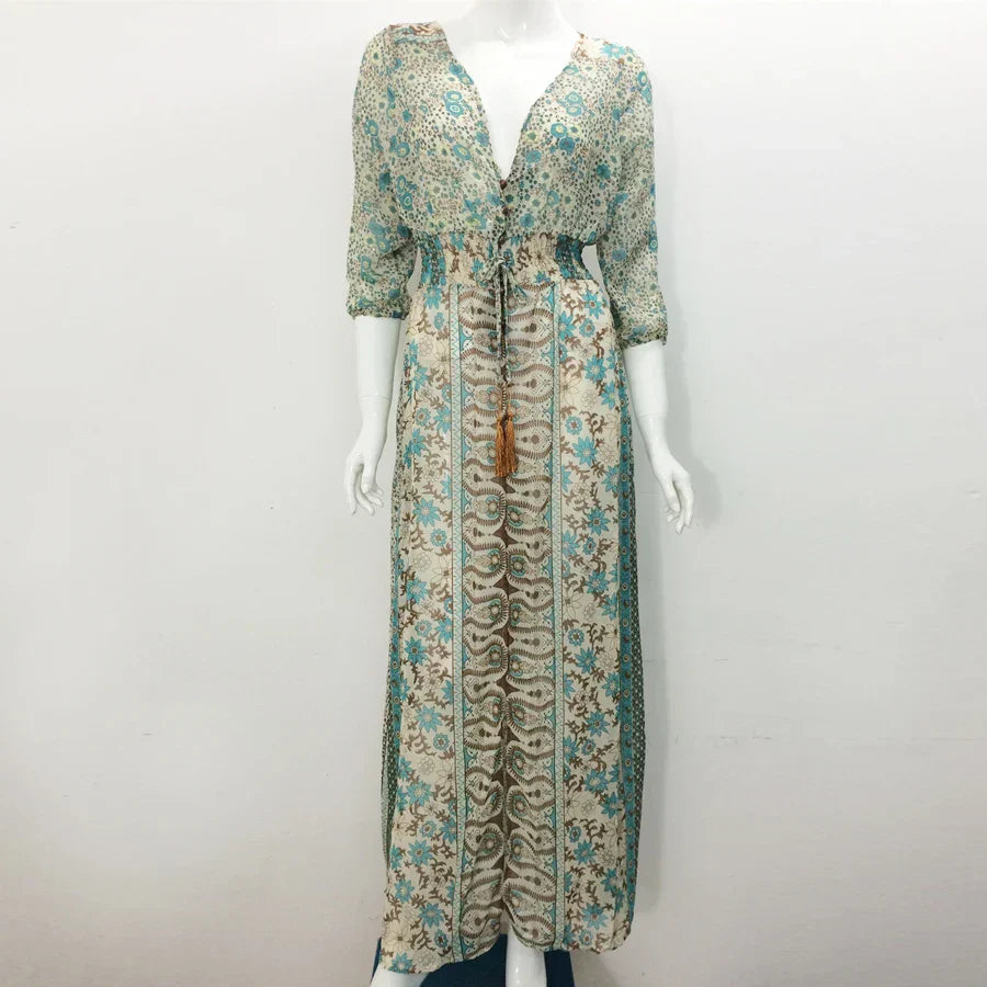 Women's Maxi Dress | Bohemian Paisley Print | Voluminous Sleeves &amp; High Slit
