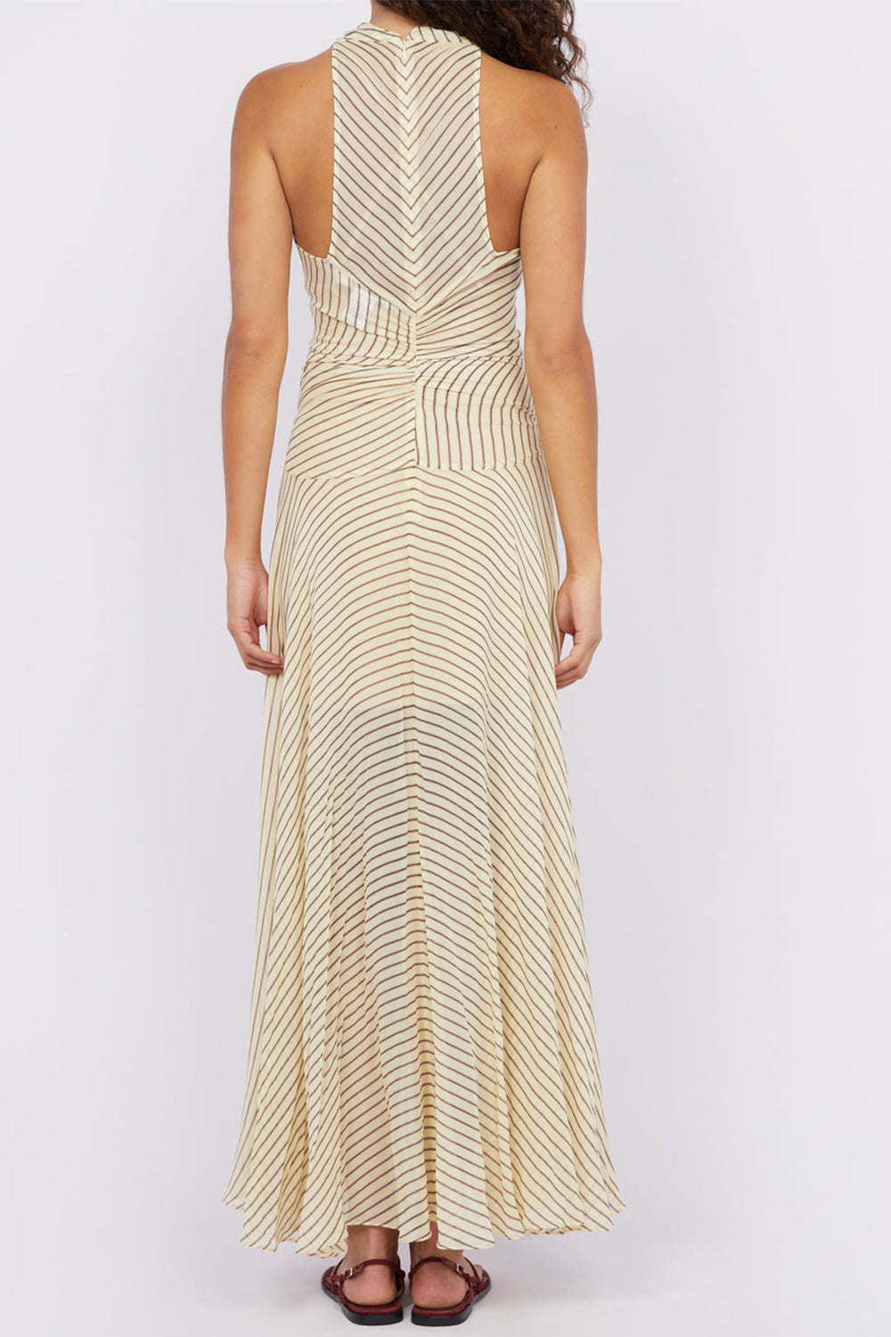 Striped Print Chiffon High Split Sleeveless Midi Dress 