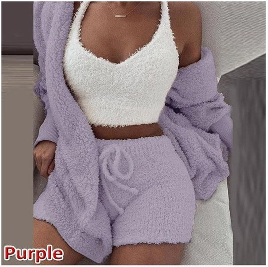 Women's 3-Piece Knitted Set | Hooded Cardigan | Top &amp; Shorts