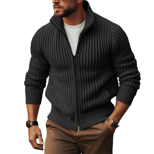 Men's Ribbed Zip-Up Cardigan with Stand Collar and Fitted Silhouette