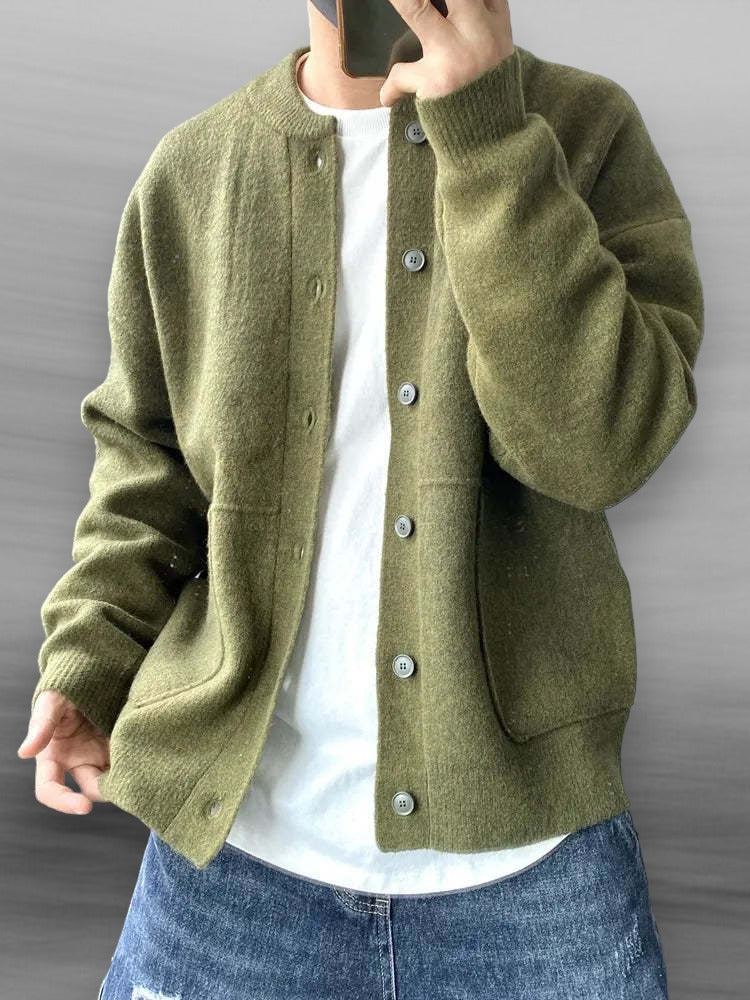 Men's Casual Button Cardigan with Bomber Collar and Pockets