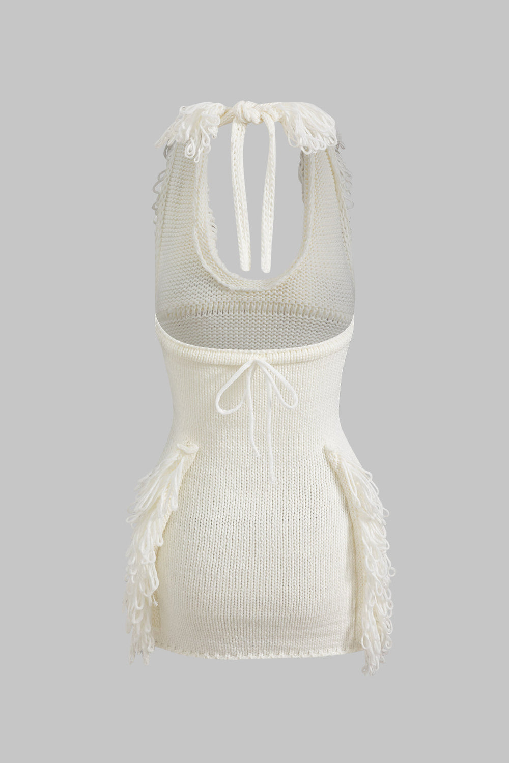 Knitted Fringe Knotted Halter Neck Backless Dress 