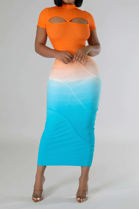 Ombre Print Ronde Hals Cut Out Korte Mouw Midi Jurk