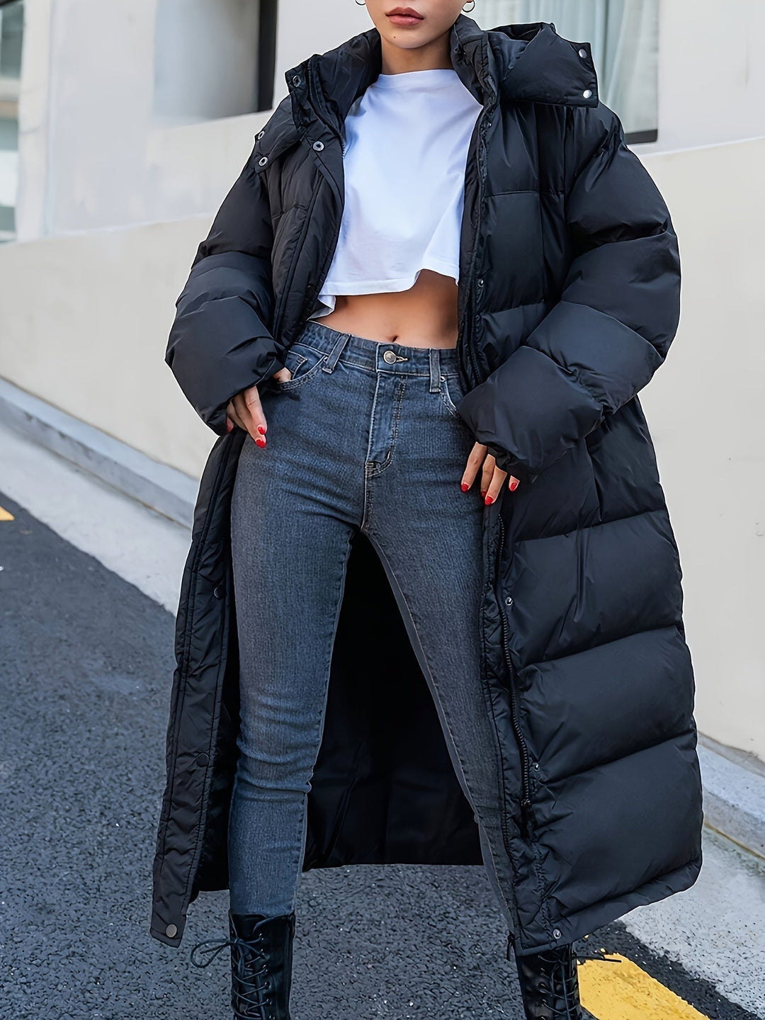 Women's Long Black Puffer Jacket | Hooded with a Fully Quilted Design | Full Coverage Winter Coat