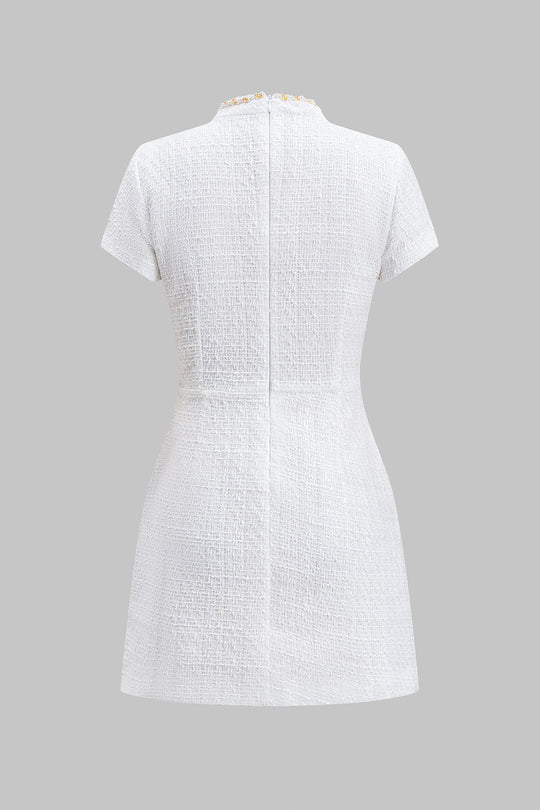 Beaded Faux Pocket Zipper Short Sleeve Mini Dress 