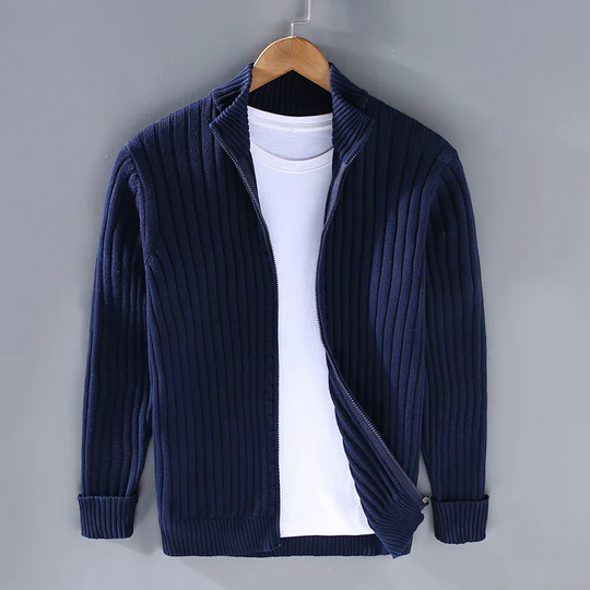 Men's Ribbed Knit Cardigan with Open Front and Turn-down Collar
