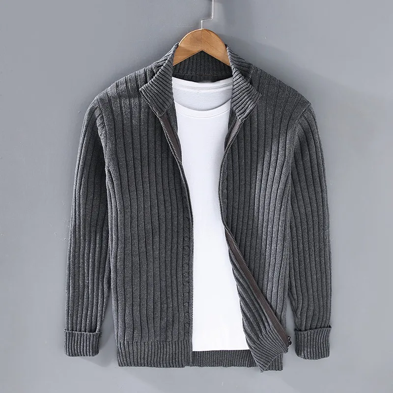 Men's Ribbed Knit Cardigan with Open Front and Turn-down Collar