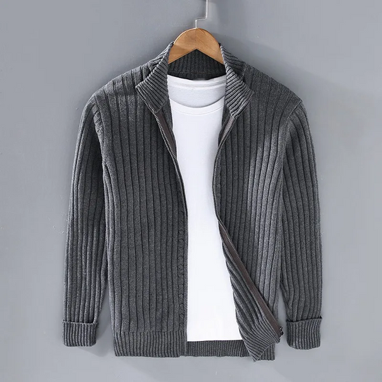 Men's Ribbed Knit Cardigan with Open Front and Turn-down Collar