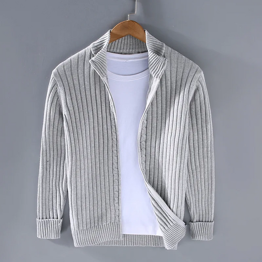 Men's Ribbed Knit Cardigan with Open Front and Turn-down Collar