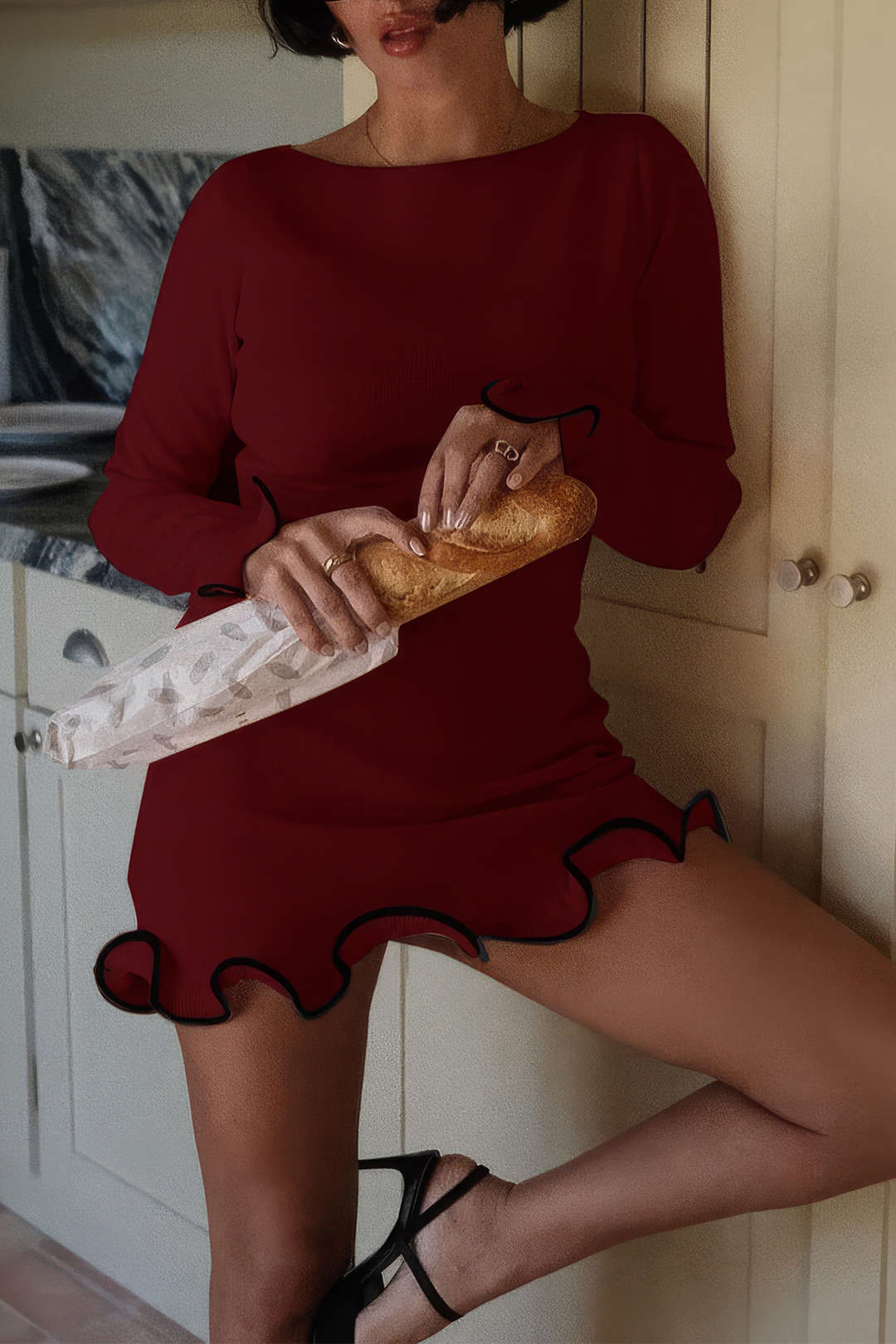 Gebreide Jurk met Contrast Whipstitching