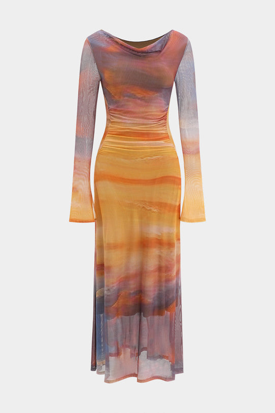 Tie Dye Print Mesh Rimpel Lange Mouw Maxi Jurk