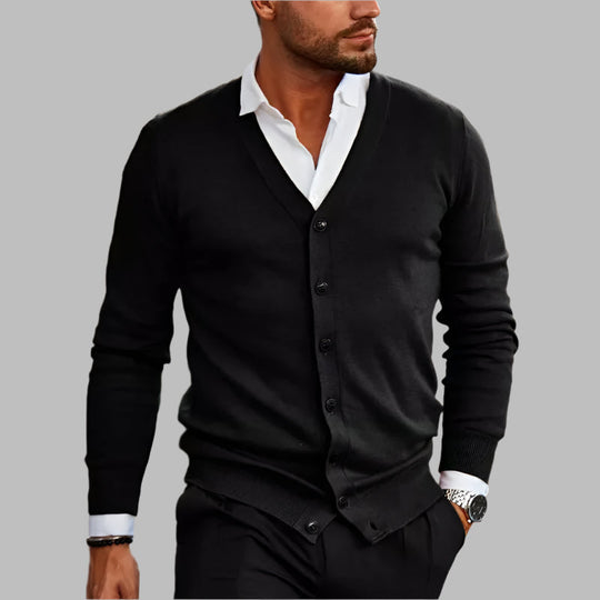 Heren Slim Fit V-Hals Cardigan met Knopen en Geribbelde Zoom