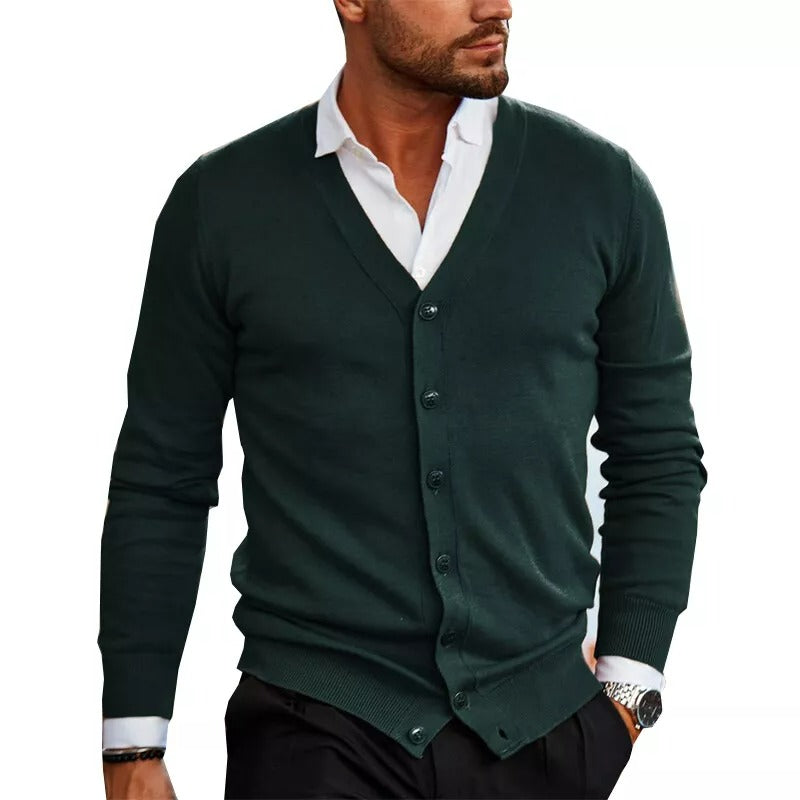 Heren Slim Fit V-Hals Cardigan met Knopen en Geribbelde Zoom