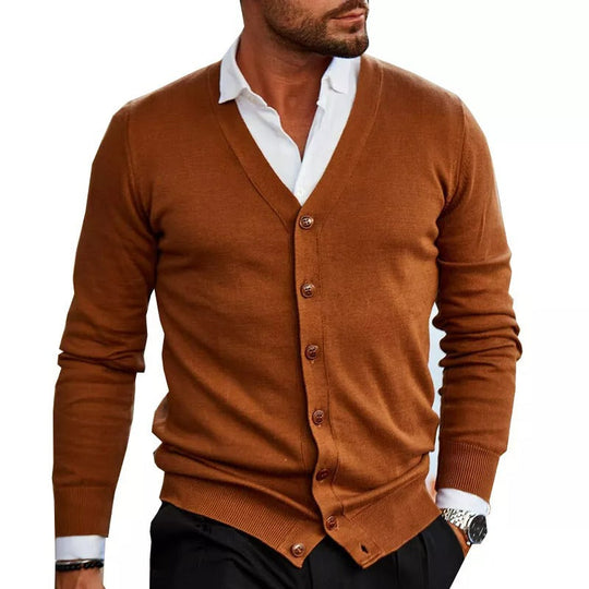 Heren Slim Fit V-Hals Cardigan met Knopen en Geribbelde Zoom